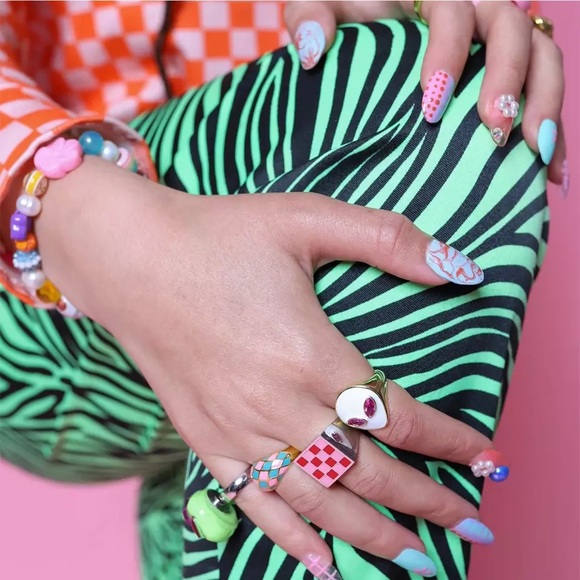 1pcs Alloy Checkered Ring Green Neon Green Gold Rings Glitter Jelly Enamel Trend - Picture 4 of 16